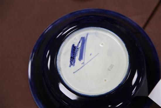 A Moorcroft pomegranate pattern dish, a tiger lily pattern small vase and a hibiscus pattern dish, 8cm - 20.5cm